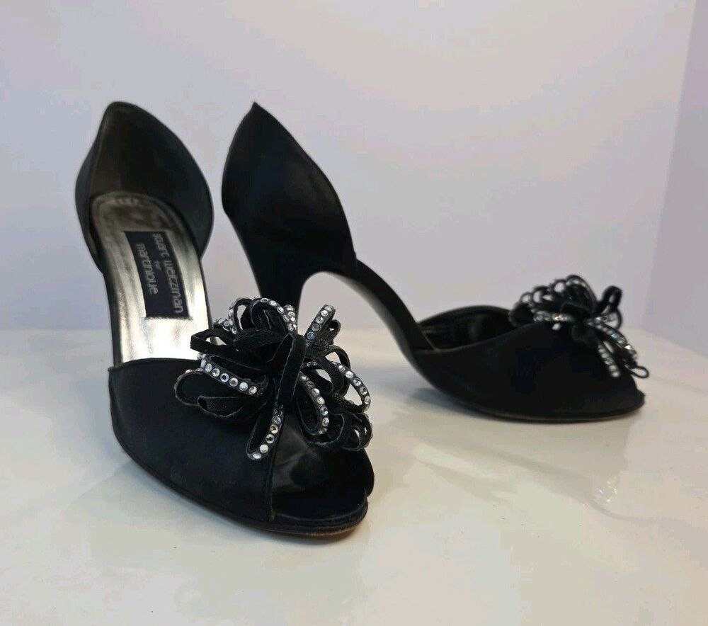 Stuart Weitzman Martinique Vintage Satin Peep Toe Black Satin Pump Crystal S 9 B